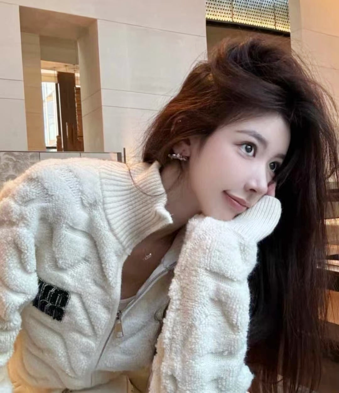 Extra-Thick Mu Style Stand Collar Zip Cardigan