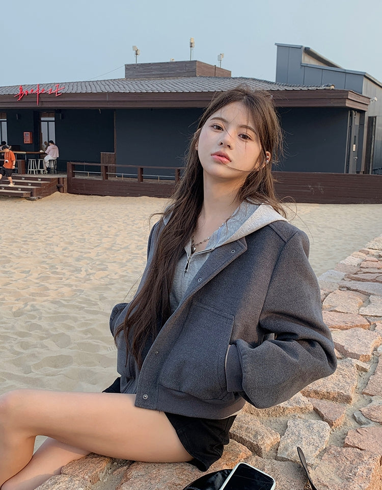 Grey Baseball Jacket + Hooded Sweatshirt 2-Piece Set