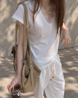 Lace Patchwork V-Neck Short Sleeve Tee