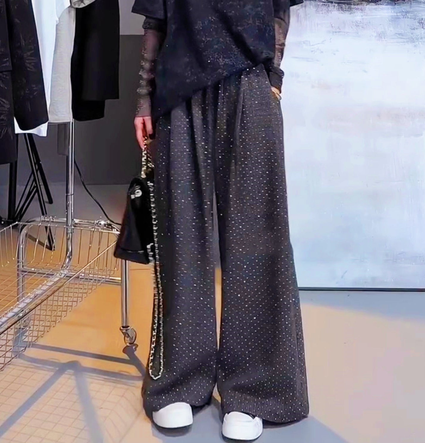 Starry Rhinestone Velvet Lined Wide-Leg Pants(Dark brown)