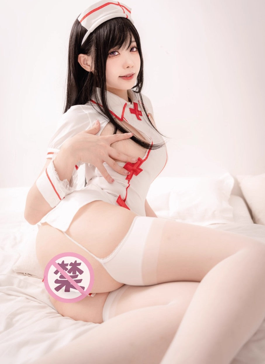 Open-Front Cross-Back Cutout Nurse Lingerie Costume (with Stockings)
