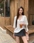 Straight-Shoulder Lace Faux Two-Piece Loose TEE