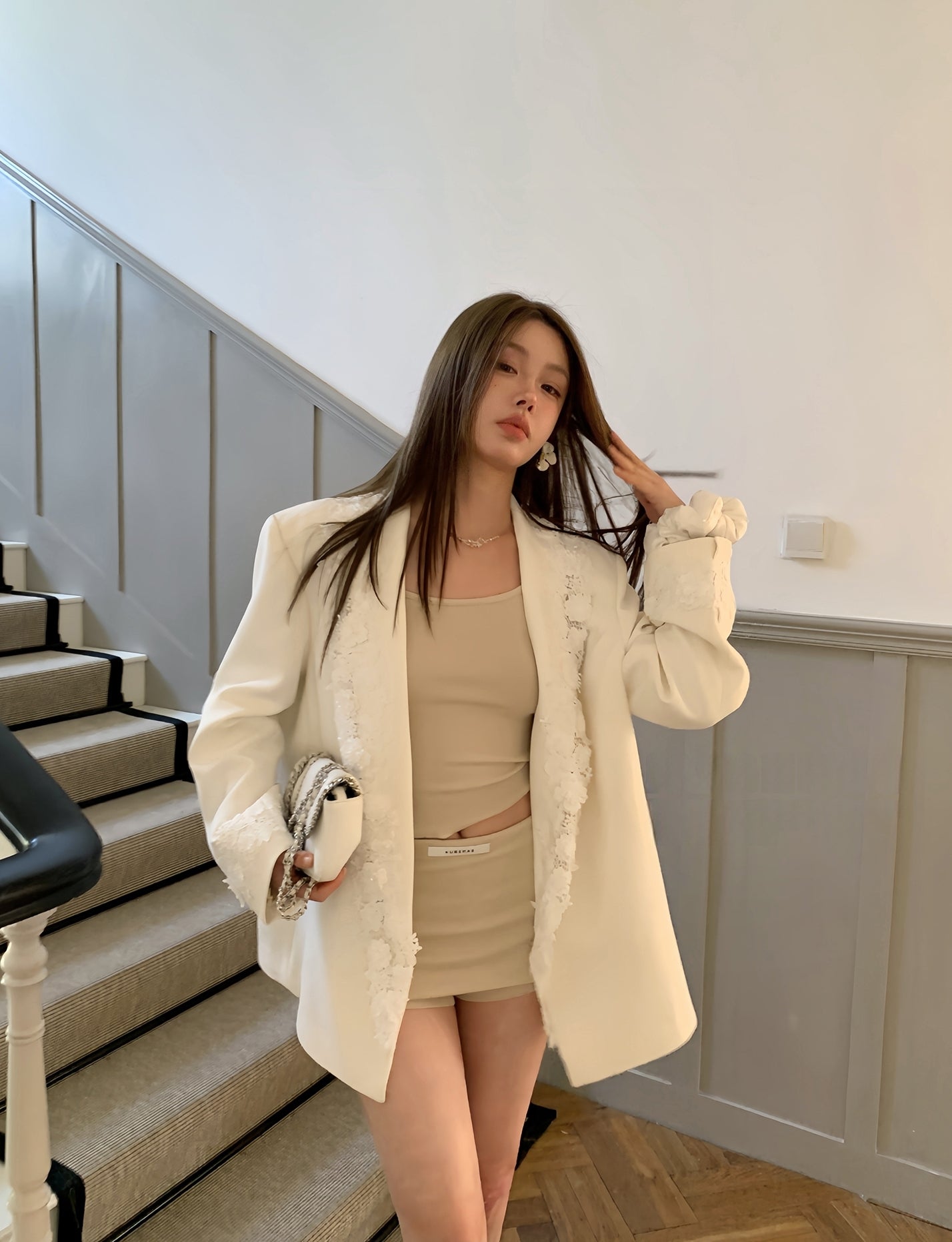 Statement lace-panelled couture blazer