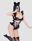 PU Patchwork Mesh Ruffled Bodysuit Lingerie