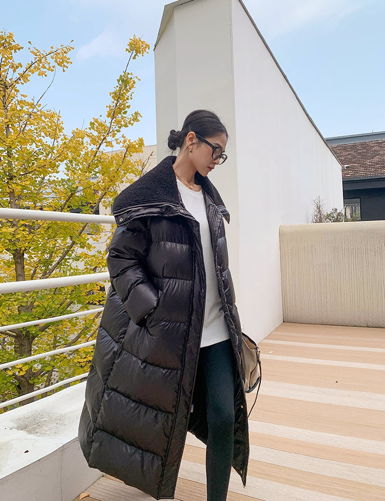 Glossy Oversized Collar Down Coat – Wash-Free Finish
