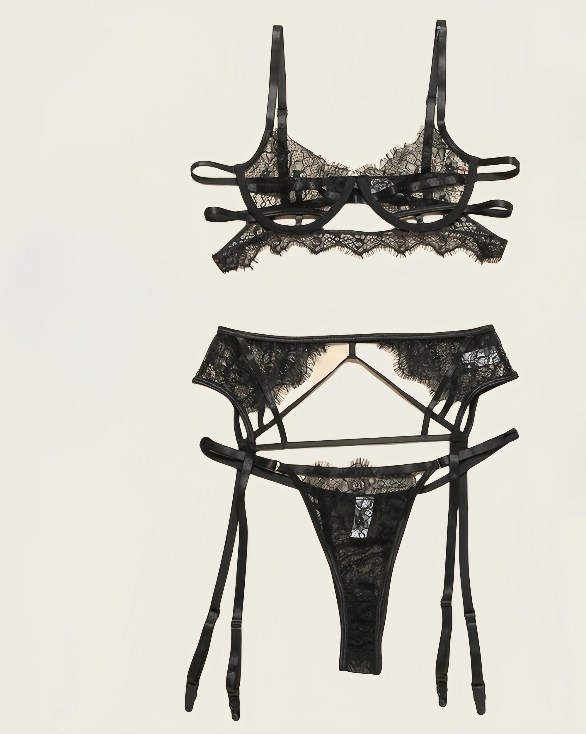 Sexy Hollow-Out Eyelash Lace Lingerie 3-Piece Set