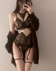 French Court-Inspired Waist-Cinching Fishbone Underwired Three-Piece Set