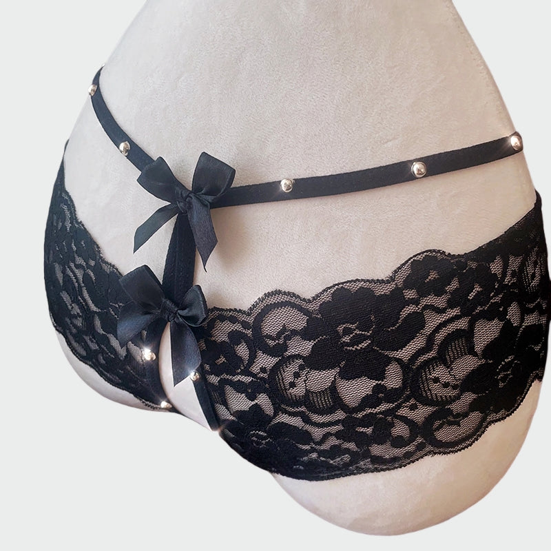 French Rivet Open-Crotch Bow Low-Waist Panties
