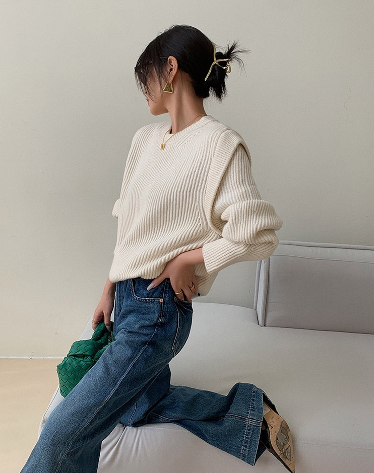 White Textured Knit Sweater with Layered Look