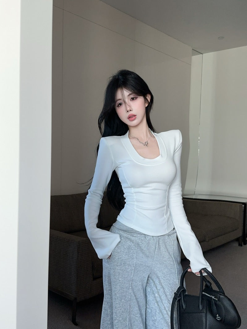 U-Neck Brushed Thickened Top with Padded Shoulders
