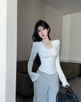 U-Neck Brushed Thickened Top with Padded Shoulders
