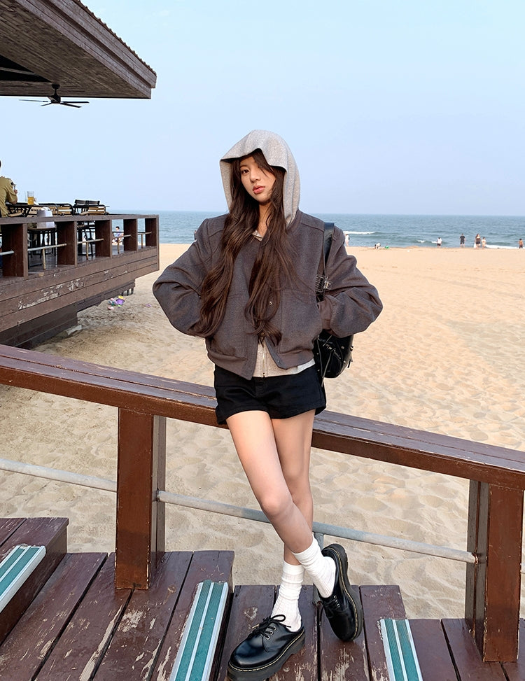 Grey Baseball Jacket + Hooded Sweatshirt 2-Piece Set