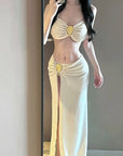 Luxury Gold Foil 3-Piece Swimsuit Set with Slit Skirt