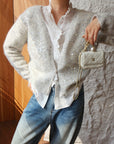 French-Style Sequin V-Neck Gray Knit Cardigan