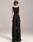 French-Inspired Black Bow-Tie Peplum Top & Wide-Leg Pants Set