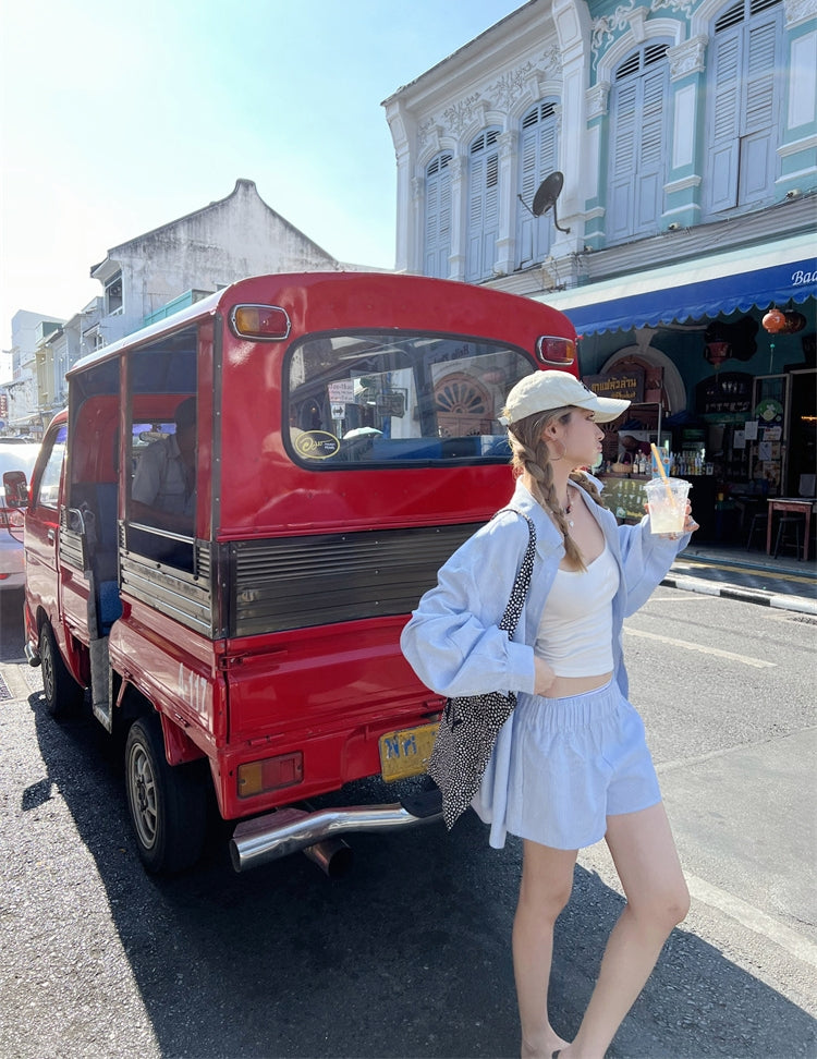 Striped Long-Sleeve Shirt + Shorts Set