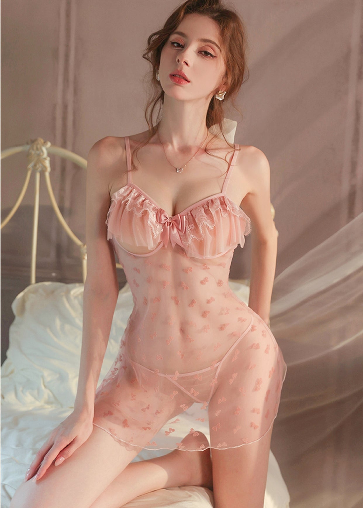Sweet Allure Sheer Velvet Strap Nightdress Set with Thong