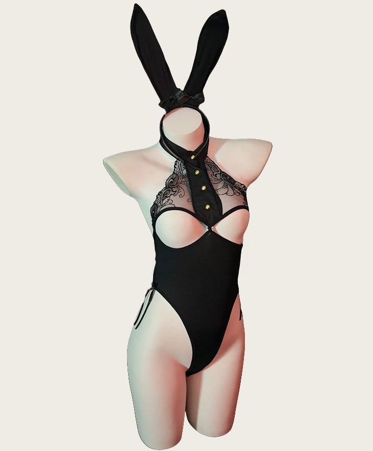 Hands-Free Cutout Chest Bunny Girl Bodysuit Lingerie Set