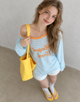Korean-style blue and white striped off-shoulder sun-protection top