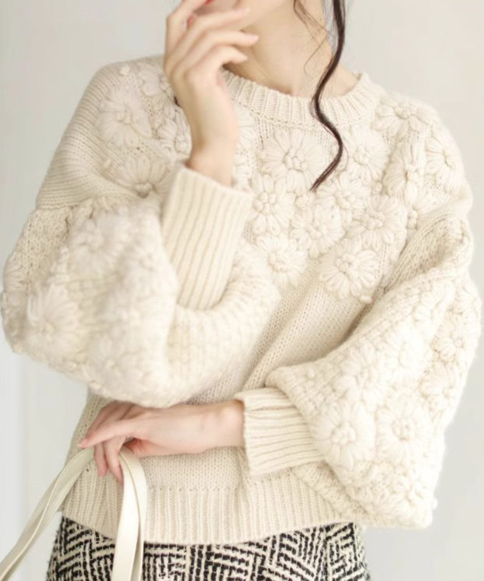 French Heavywork Chunky Floral Wool-Cashmere Sweater