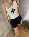 Asymmetrical One-Shoulder Contrast Knit Tank Top