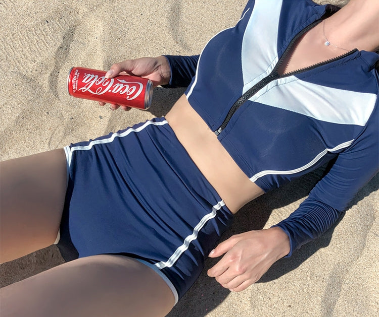 Korean-Style High-Waist Two-Piece Swimsuit with Tummy Coverage and Sun Protection