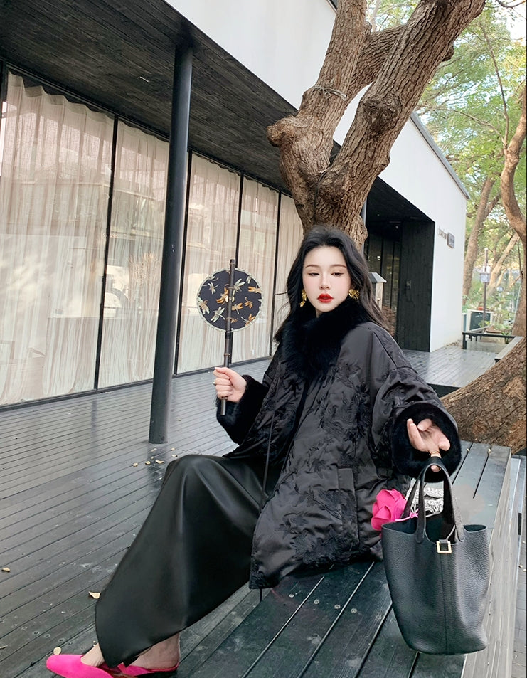 New Chinese Style Satin Embroidered Down Jacket (Without Fur Scarf)