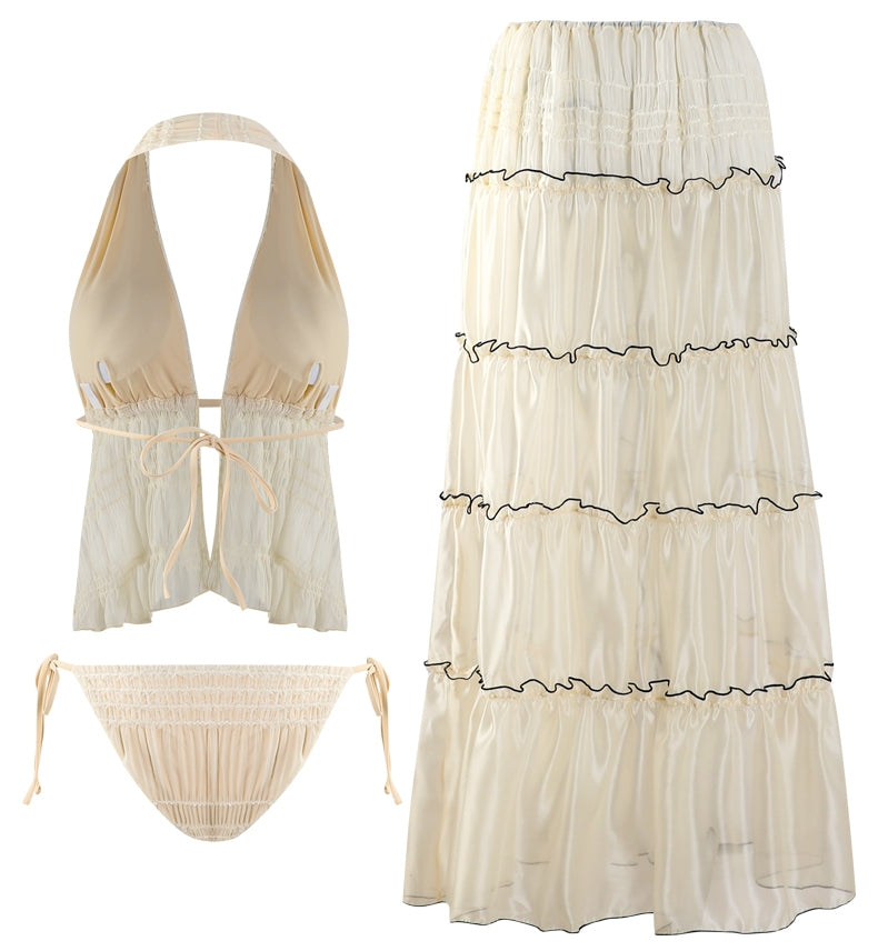 Glossy Sheer 3-Piece Swimsuit & Beach Skirt Set