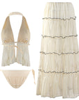 Glossy Sheer 3-Piece Swimsuit & Beach Skirt Set