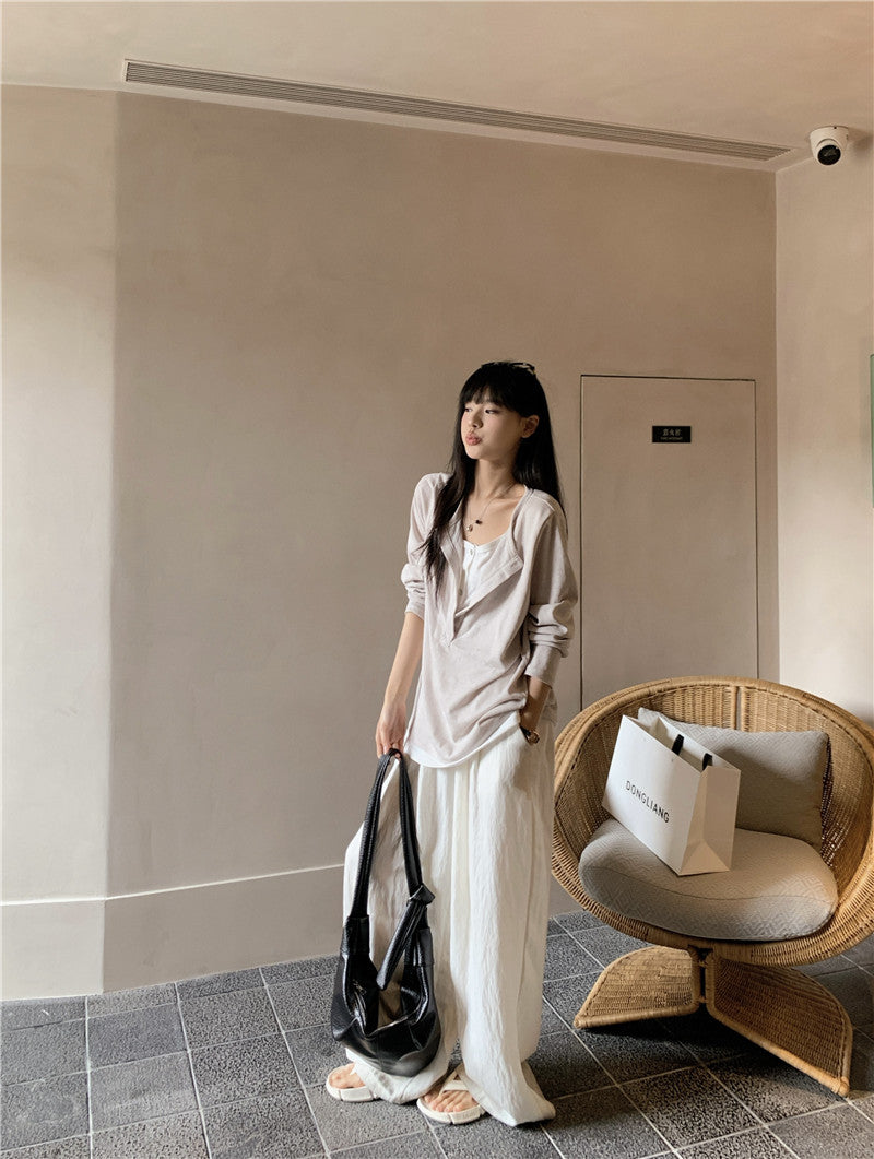 Snowflake Tencel Cotton Layered-Look Half-Placket Shirt+PANT