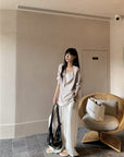 Snowflake Tencel Cotton Layered-Look Half-Placket Shirt+PANT