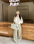 Vintage Suede Embroidered Contrast Stitch Wide-Leg Pants