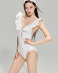 White Embroidered Deep V One-Piece Swimsuit