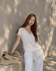 Lace Patchwork V-Neck Short Sleeve Tee