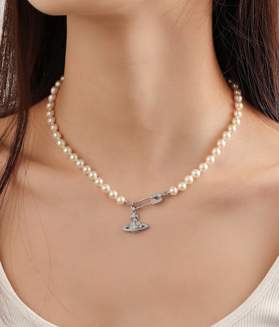 Vivienne Westwood-Inspired Saturn Brooch Rhinestone Necklace  