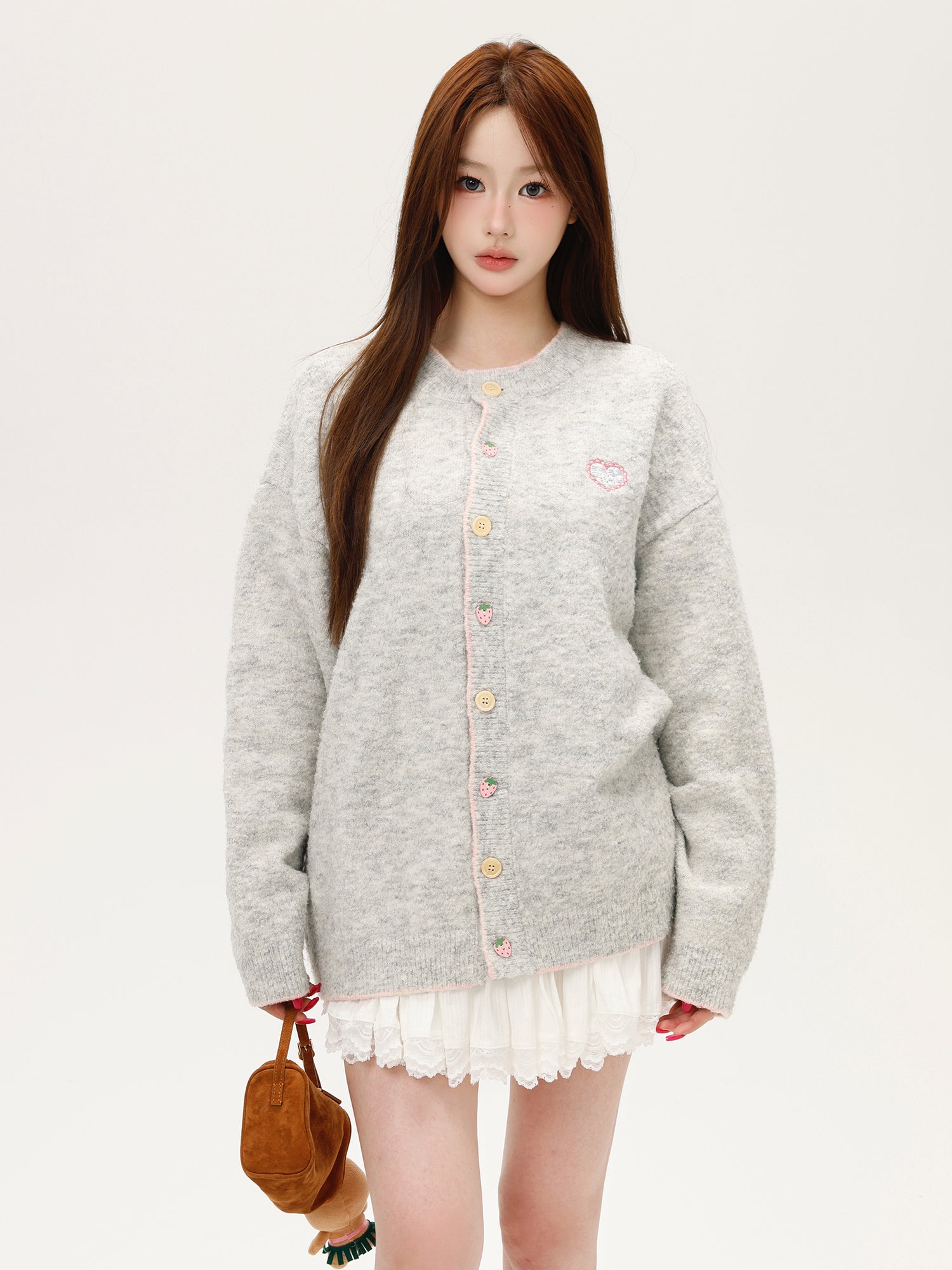 Light Grey Korean-Style Relaxed Knit Cardigan