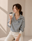 Cotton Korean-Style Striped Polo Top