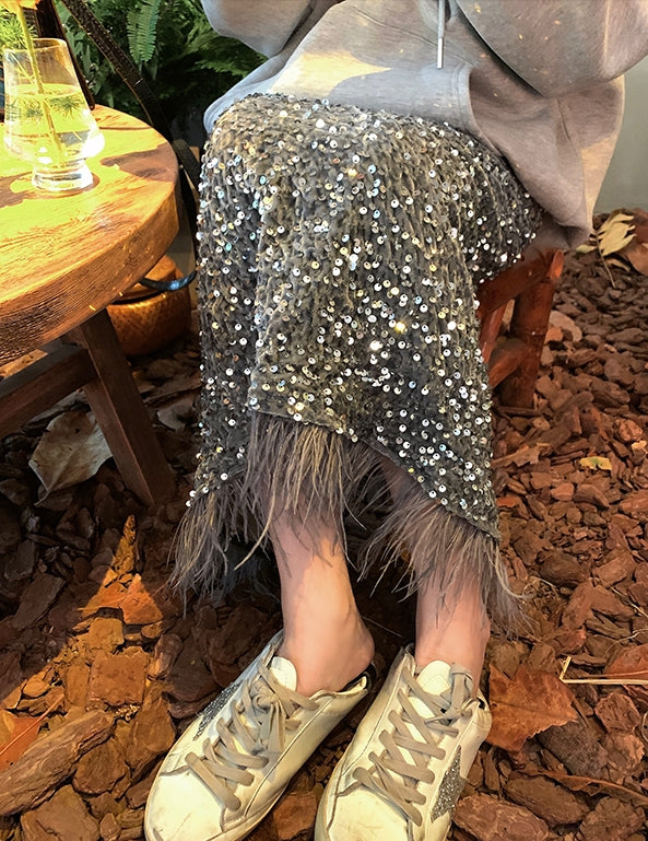 Sequin Skirt with Ostrich-Feather Trim