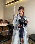 Elegant Tweed Patchwork Washed Denim Trench Coat