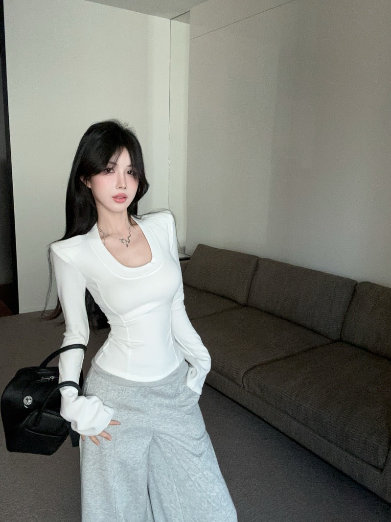 U-Neck Brushed Thickened Top with Padded Shoulders