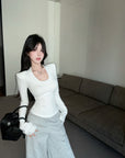 U-Neck Brushed Thickened Top with Padded Shoulders
