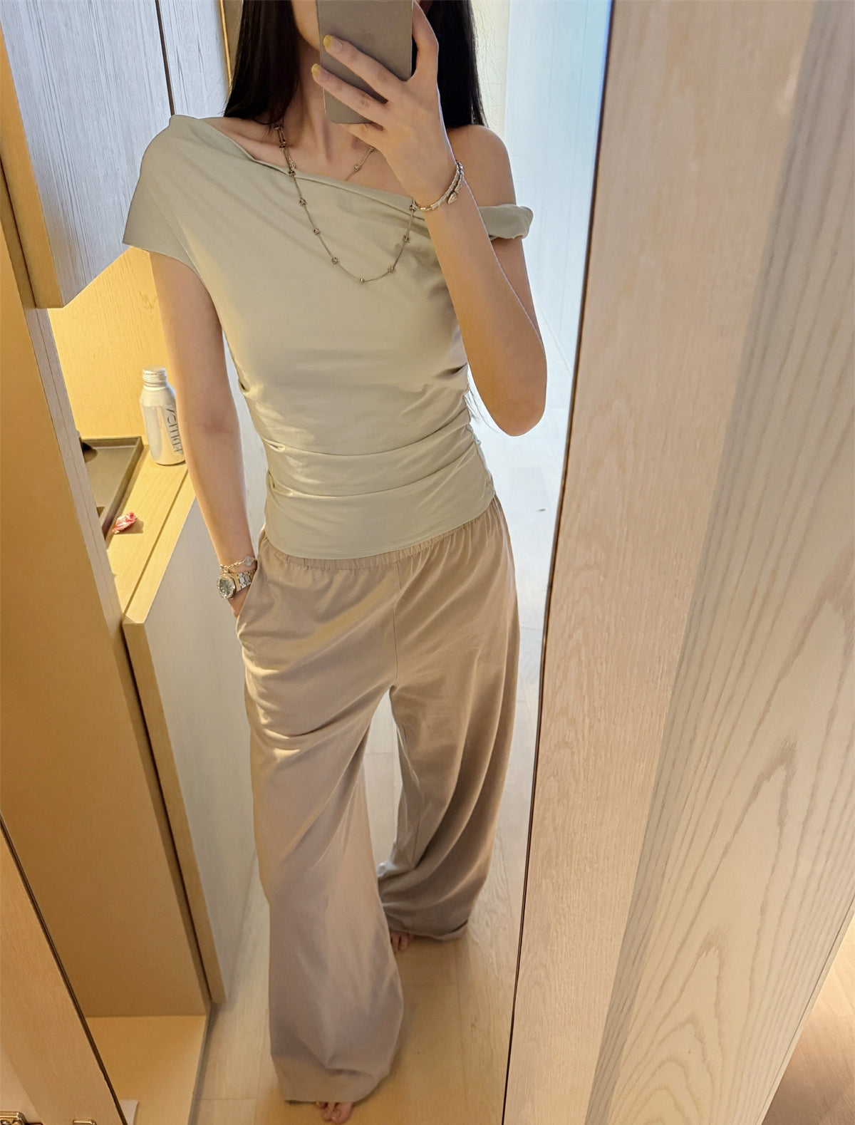 Morandi Green Asymmetrical One-Shoulder Ruched Top