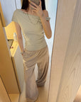 Morandi Green Asymmetrical One-Shoulder Ruched Top