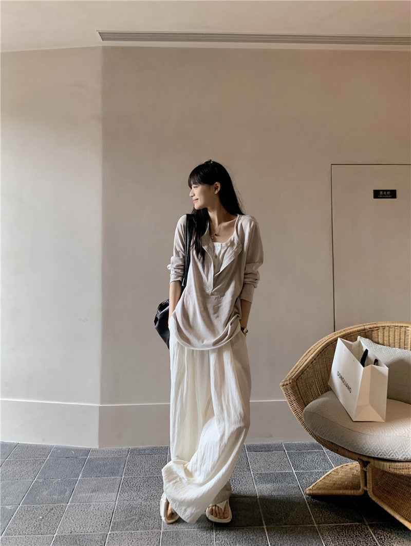 Snowflake Tencel Cotton Layered-Look Half-Placket Shirt+PANT