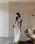Snowflake Tencel Cotton Layered-Look Half-Placket Shirt+PANT
