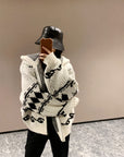 Korean OPEN YY Rose Jacquard Thick Knit Cardigan
