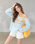 Korean-style blue and white striped off-shoulder sun-protection top