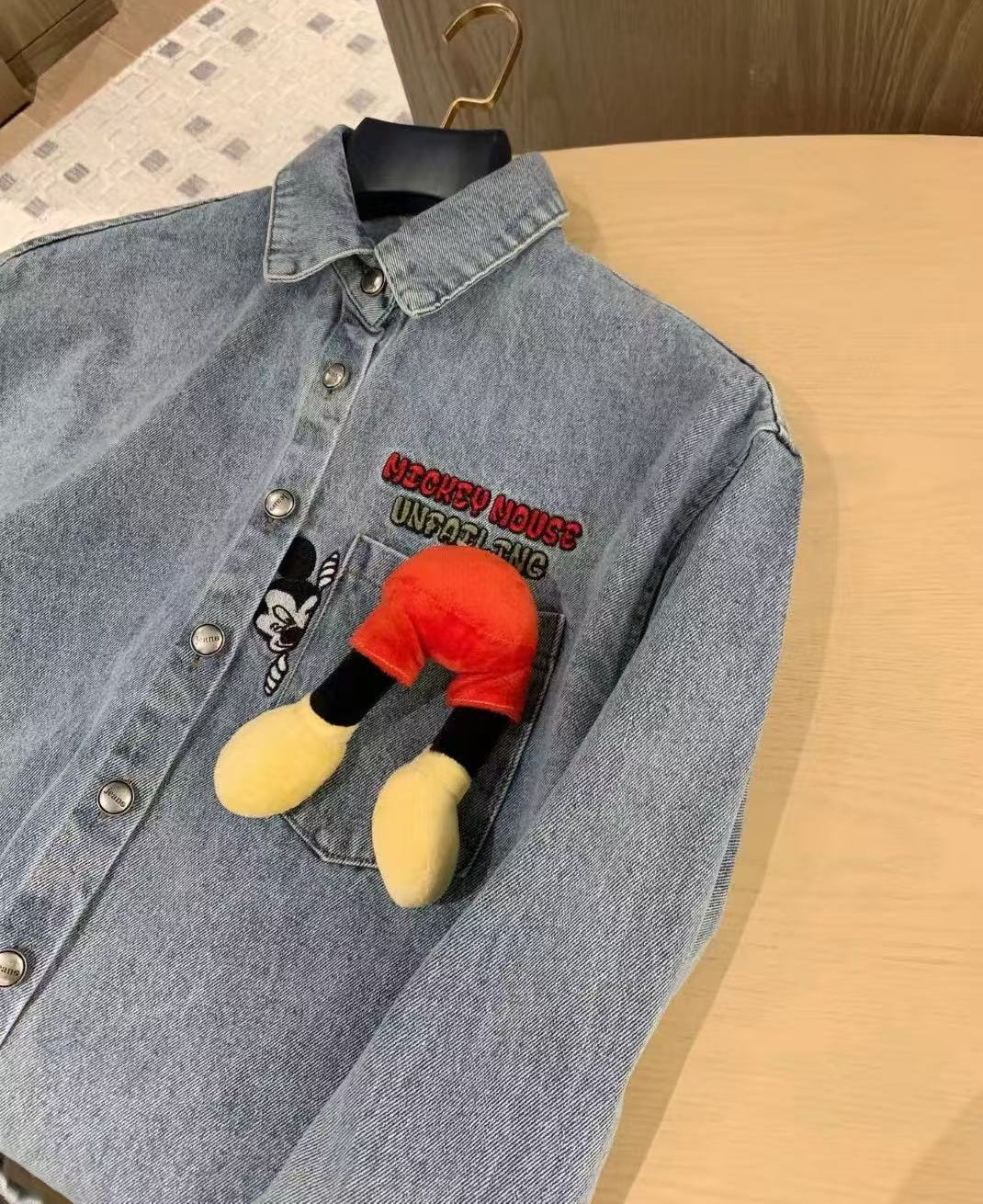 Washed Denim Jacket with Mickey Embroidered Plush Detail