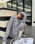 Relaxed Sequin Knit Cardigan with Sheer Details