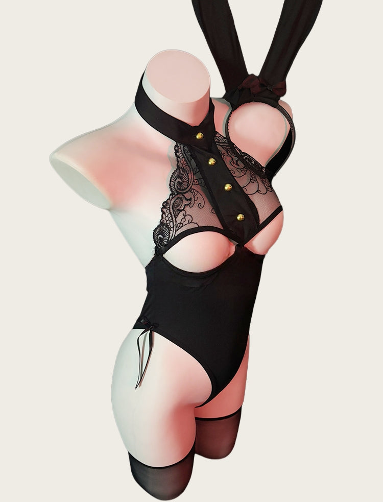Hands-Free Cutout Chest Bunny Girl Bodysuit Lingerie Set